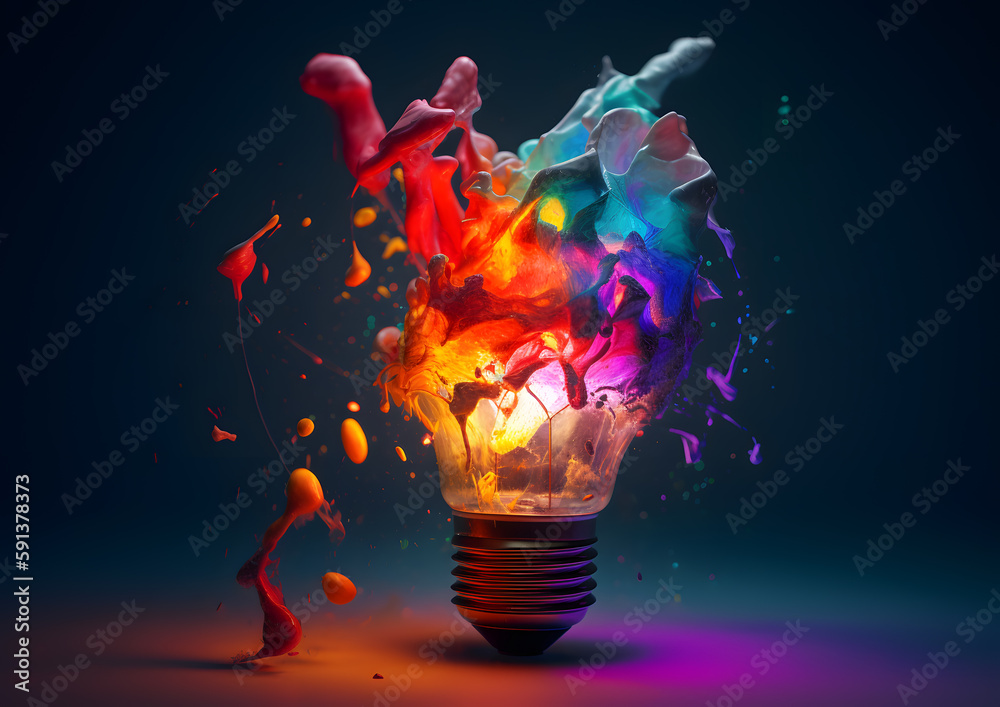 Light bulb explodes with colorful paint and splashes creative on a dark background. Think differently creative idea concept - obrazy, fototapety, plakaty 