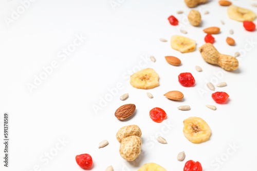 Tasty food concept - delicious dried fruits, space for text