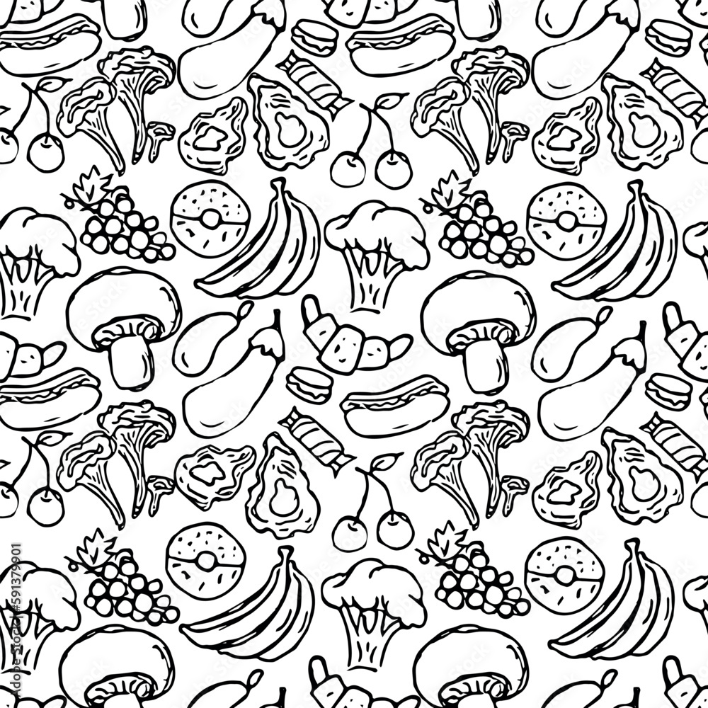 Naklejka premium Seamless food pattern. Doodle vector food illustration. Hand-drawn food background