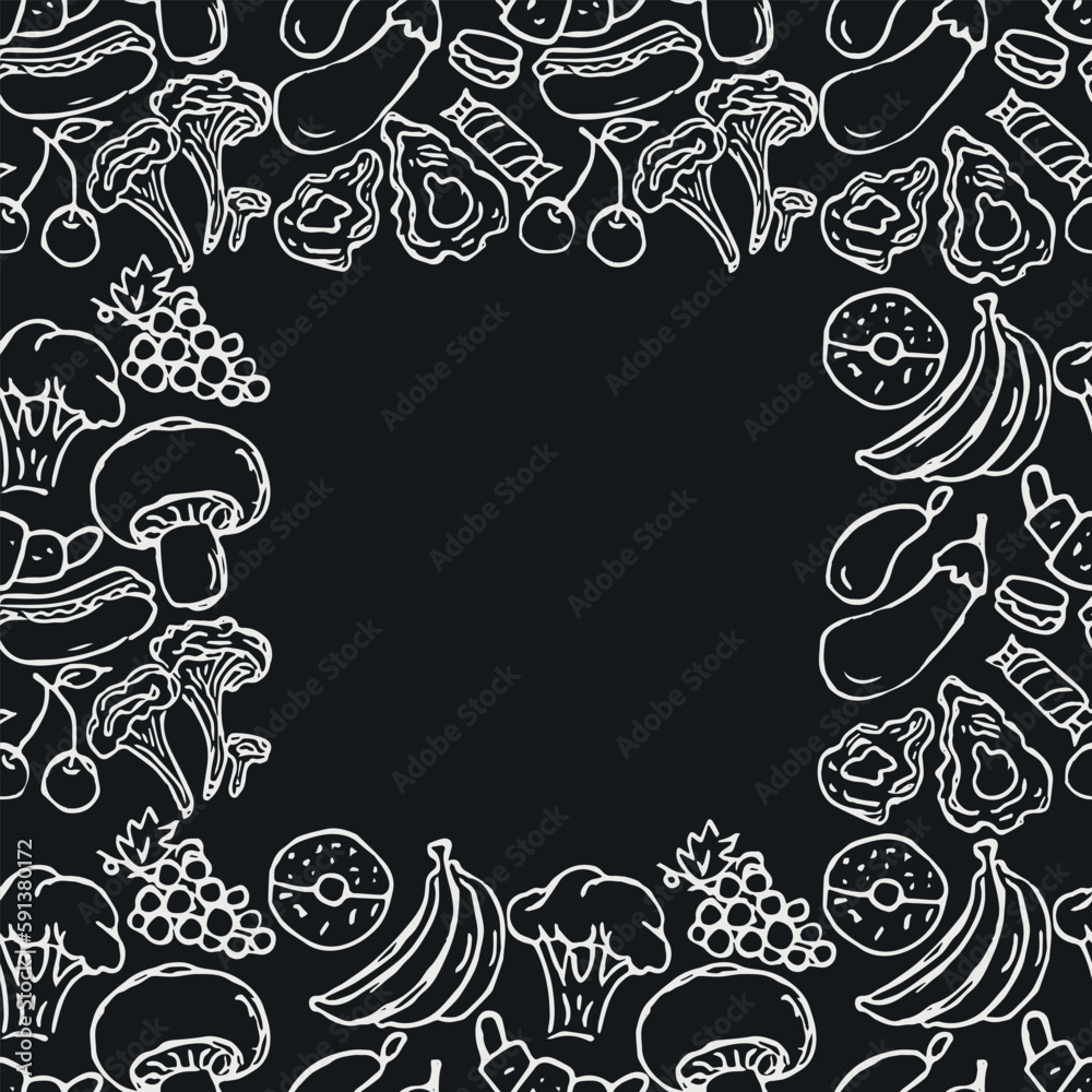 Seamless food frame. Doodle vector food illustration. Hand-drawn food background Seamless food frame. Doodle vector food illustration. Hand-drawn food background