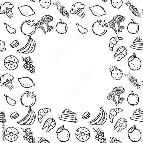 Seamless food frame. Doodle vector food illustration. Hand-drawn food background