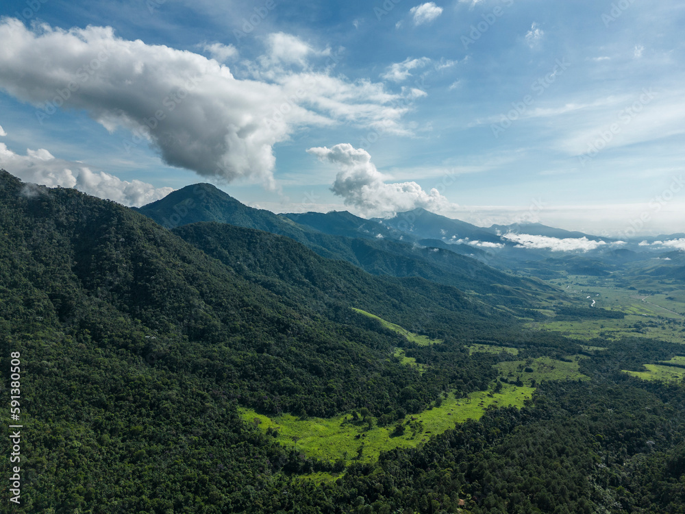 Beautiful aerial view to green atlantic forest mountains and clouds