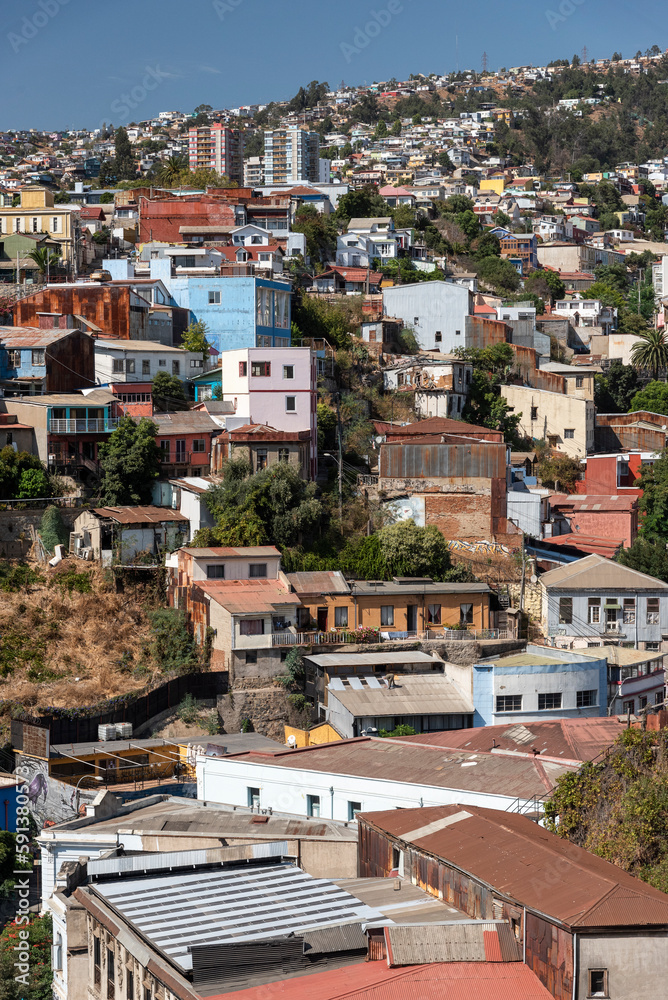 Beautiful view to traditional colorful city buildings in Valparaiso