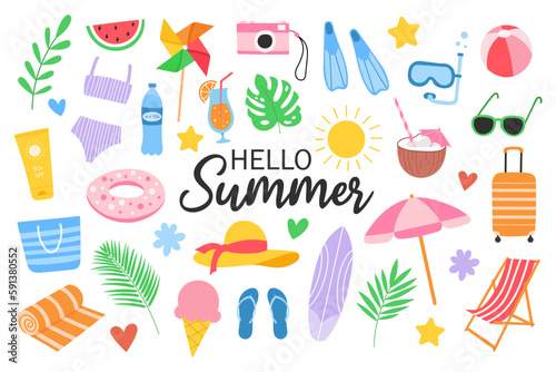 Set cute summer holiday beach elements. Hello summer lettering. Cartoon vector illustration. © Karelkart