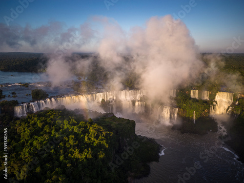 Beautiful view to Iguazu Falls waterfalls with green rainforest 