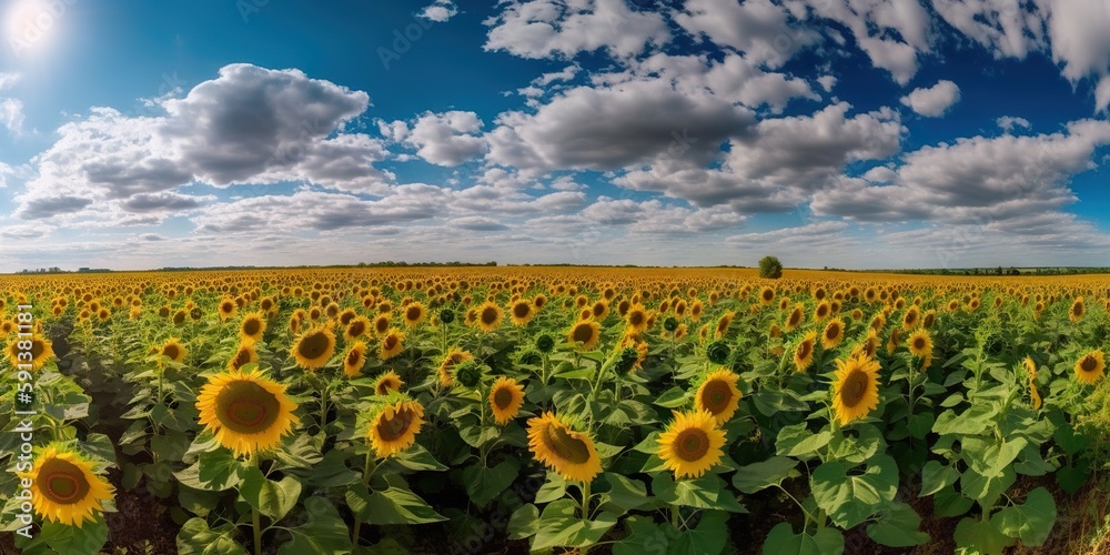 Panoramic field of sunflowers with blue sky on sunny day. Generative AI