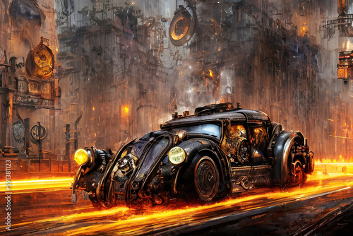 Retro car fantastic design in steampunk style  high speed with fire under wheels. Generative Ai.