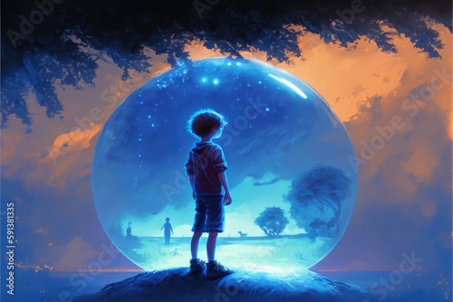 Imaginative scenery of a boy standing under a tree with a glowing orb hovering above. Fantasy concept , Illustration painting. Generative AI