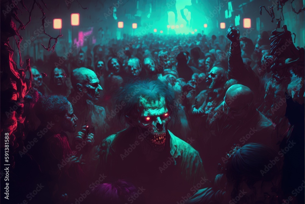 Halloween-themed concept of a horde of zombies walking at night. Fantasy concept , Illustration painting. Generative AI