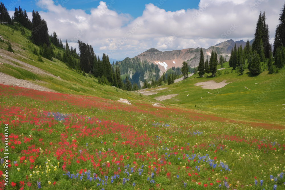 Fototapeta premium Alpine meadows. Generative AI.