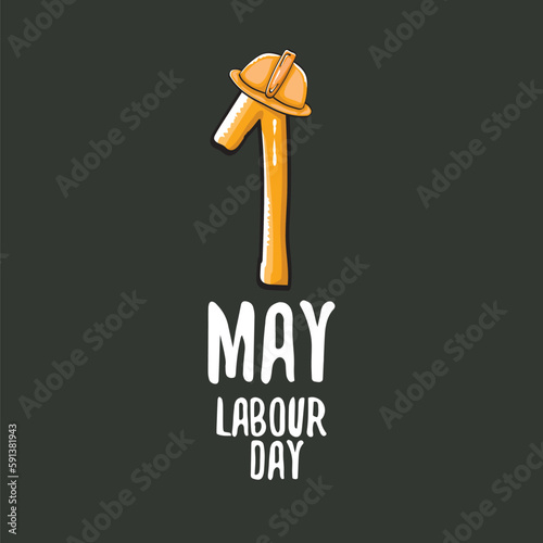 Cartoon Happy labour day vector label isolated on grey. vector happy labor day background or banner with engineer helmet, hummer and wrench. workers may day poster