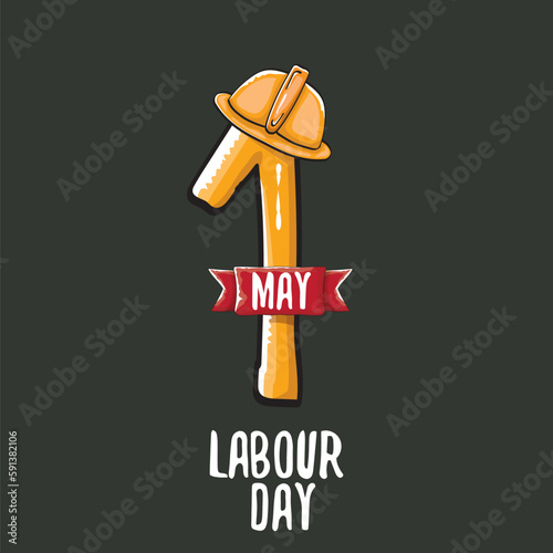 Cartoon Happy labour day vector label isolated on grey. vector happy labor day background or banner with engineer helmet, hummer and wrench. workers may day poster