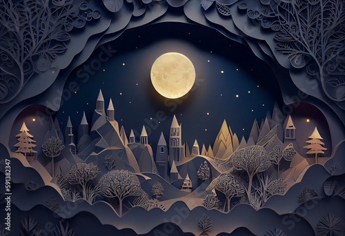 Foto Multidimensional paper cut illustration starry night with glowing moonlight abov