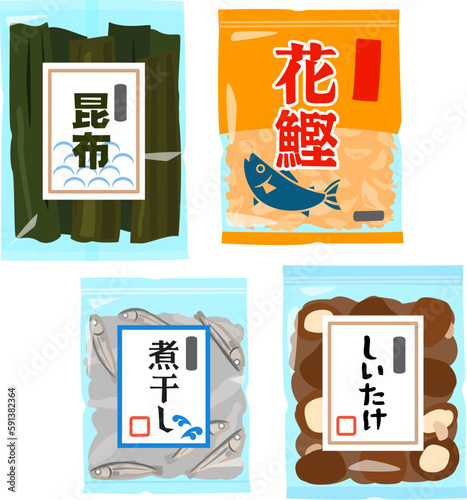 袋入りの昆布、鰹節、煮干し、シイタケ