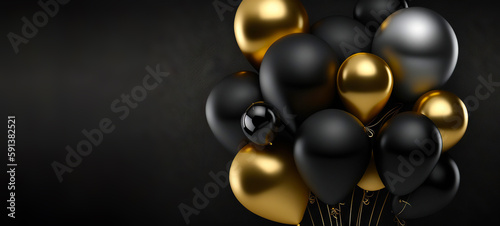 Bunch of black and golden balloons on dark background. Party decoration. Generative AI