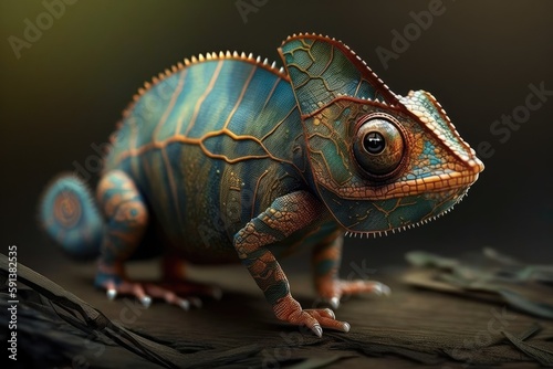 close-up view of a colorful chameleon sitting on a table. Generative AI © 2rogan