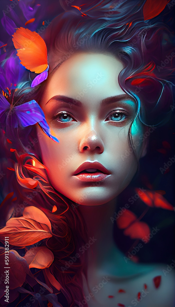 Colorful Oil Pianting Portroit Pretty Young Girl Face Generative AI
