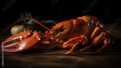 Lobster cooked on a wooden table with a dark background. Generative AI