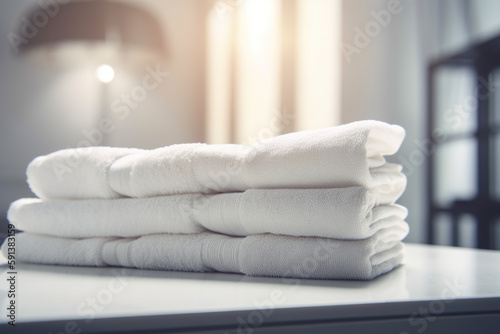 White towels on the table in the hotel room. Soft focus. Generative AI