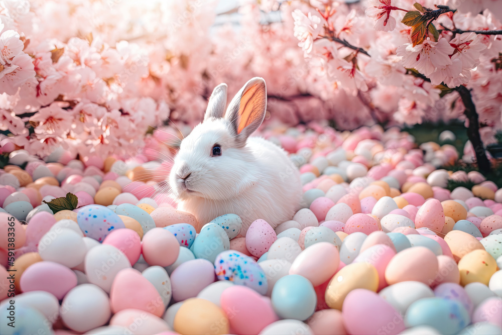 Cute white rabbit and easter eggs in spring blooming garden, Generative AI