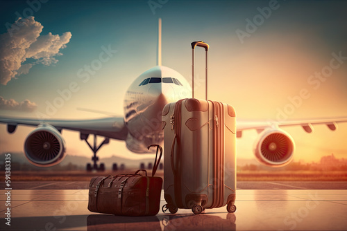 Luggage on the airport terminal with airplane background. Travel concept. Generative AI