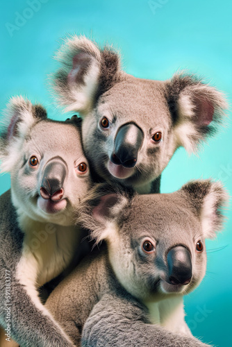 Abstract fun portrait, group selfie of wild cute animals, happy, funny koalas posing on a pastel background. Illustration, Generative AI. © Ljuba3dArt