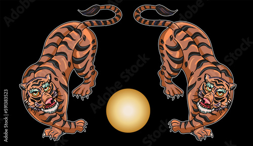 Tiger Sticker tattoo design,Cartoon tiger on black background.VectorใTraditional Japanese culture for printing on background.
