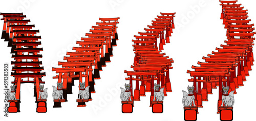 japanese Fox god with Tori gate or Poles.Tori isolate on white background. Fushimi inari Shrine set.Red Torii gates at Fushimi Inari shrine in Kyoto, Japan