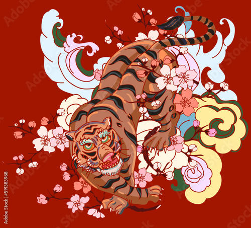 Japanese tiger with sakura flower and water splash tattoo.Illustration design tiger and cherry peach flower art vector.