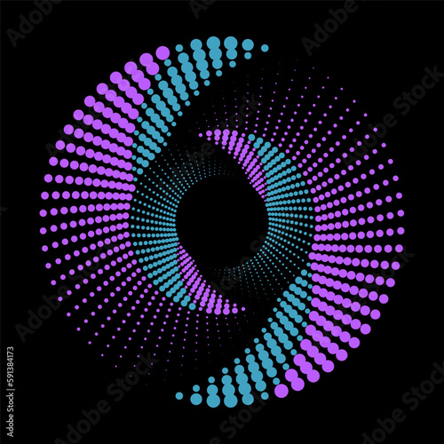 Abstract purple and turquoise spiral. Vector dots background for design banners, posters, business projects, pop art texture, covers. Geometric halftone texture.