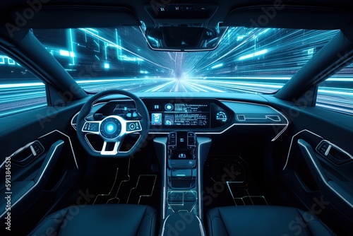 Smart car, Autopilot, self-driving mode vehicle with Radar signal system and and wireless communication, 3D illustration, Generative AI © Akarat Phasura