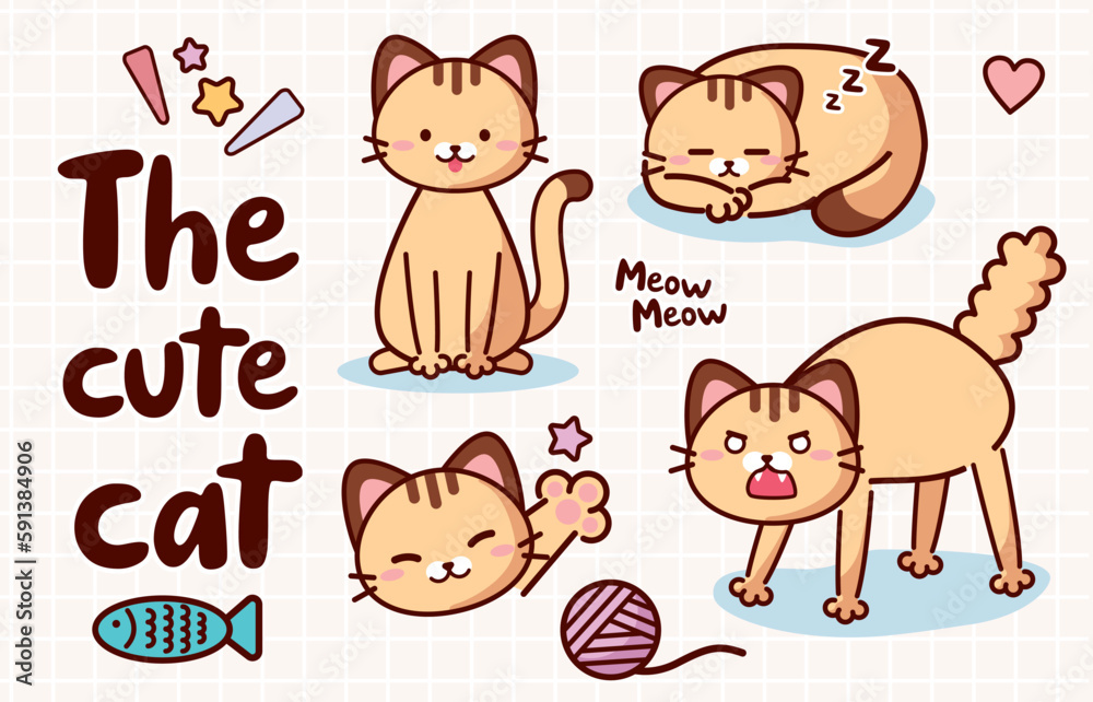 Obraz premium Set of cute cartoon brown cat with different emotions isolated on white background. Happy and angry cat. Clip art animal. Vector illustration
