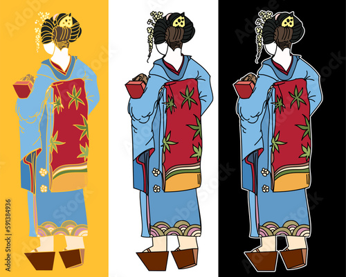 black and white vector illustration in flat cartoon style.Geisha white face in Kyoto at night.Triangle japanese grapic Geisha in Gion Kyoto.