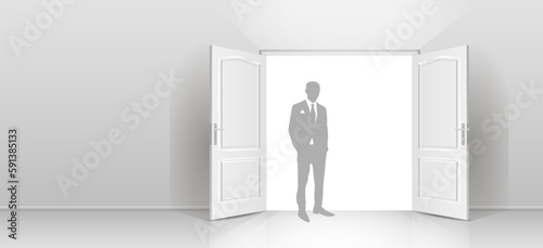 The interior of an empty room with a white wall, an open door and a silhouette of a man in a suit.
Free space for copying a 3d image.