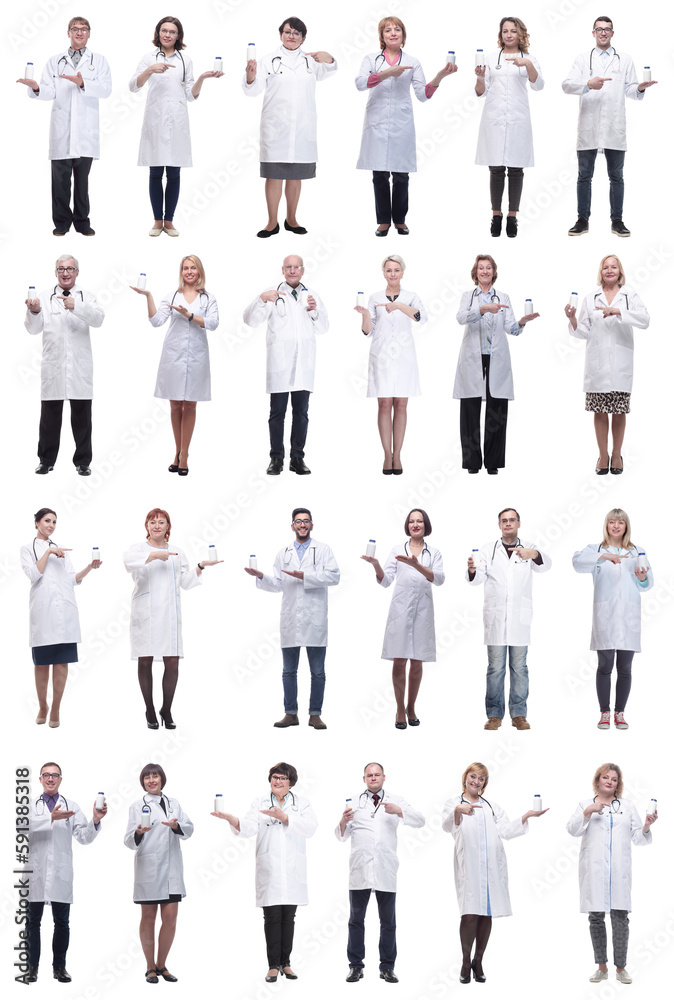 group of doctors holding jar isolated on white group of doctors holding jar isolated on white