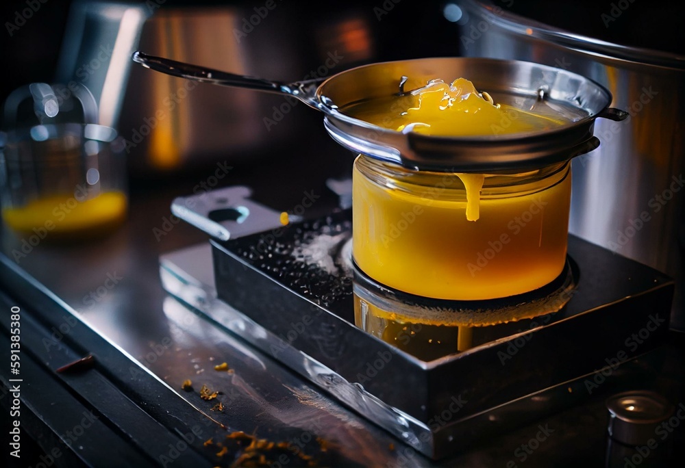 Cooking process of ghee How to make clarified butter at home, selective focus. Generative AI