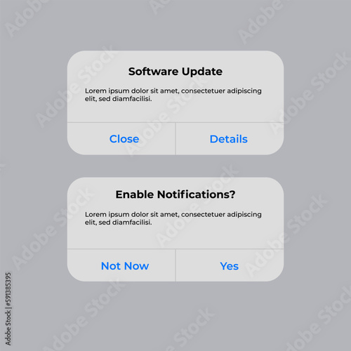 Iphone Notification Boxes Template. Smartphone Software Update and Enable Notifications Interface. Vector illustration. Android. Smartphone. UI. UX