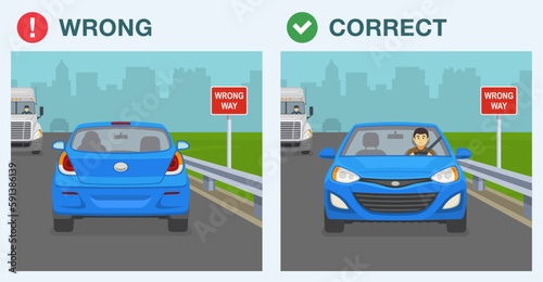 Safe driving tips and traffic regulation rules. Correct and wrong direction travel. "Wrong way" sign. Car is traveling opposite direction on highway. Flat vector illustration template.
