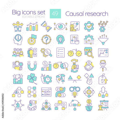 Causal research RGB color icons set. Marketing strategy of business development. Commercial prediction. Isolated vector illustrations. Simple filled line drawings collection. Editable stroke