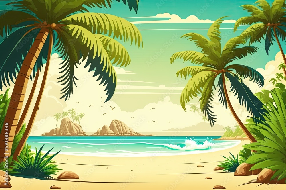 serene tropical beach with palm trees and waves. Generative AI