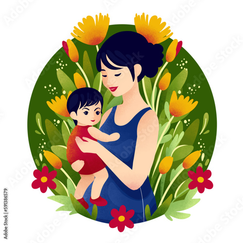 vector illustration of mother and baby on floral background for mother s day