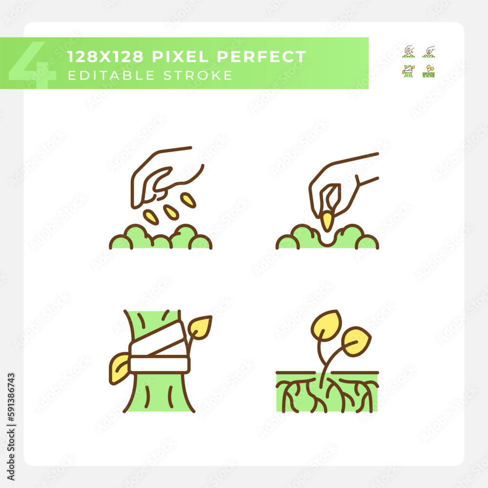 Growing plants green RGB color icons set. Organic gardening. Seed germination. Horticulture farming. Crop growth. Isolated vector illustrations. Simple filled line drawings collection. Editable stroke