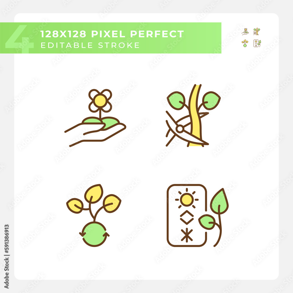 Fototapeta premium Horticulture green RGB color icons set. Flower farming. Floriculture industry. Ornamental gardening. Isolated vector illustrations. Simple filled line drawings collection. Editable stroke