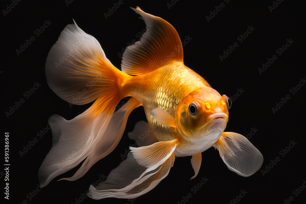 Realistic goldfish on a black background. Generative AI.