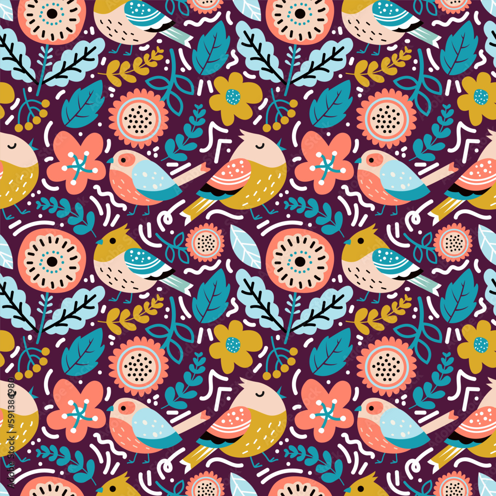 Seamless pattern colorful bright flower and bird Seamless pattern colorful bright flower and bird