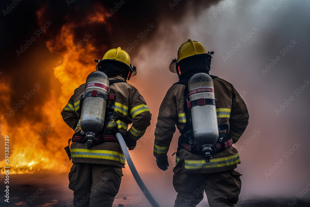 Firefighters in action, tackling flames and smoke with teamwork and courage. Generative AI Firefighters in action, tackling flames and smoke with teamwork and courage. Generative AI