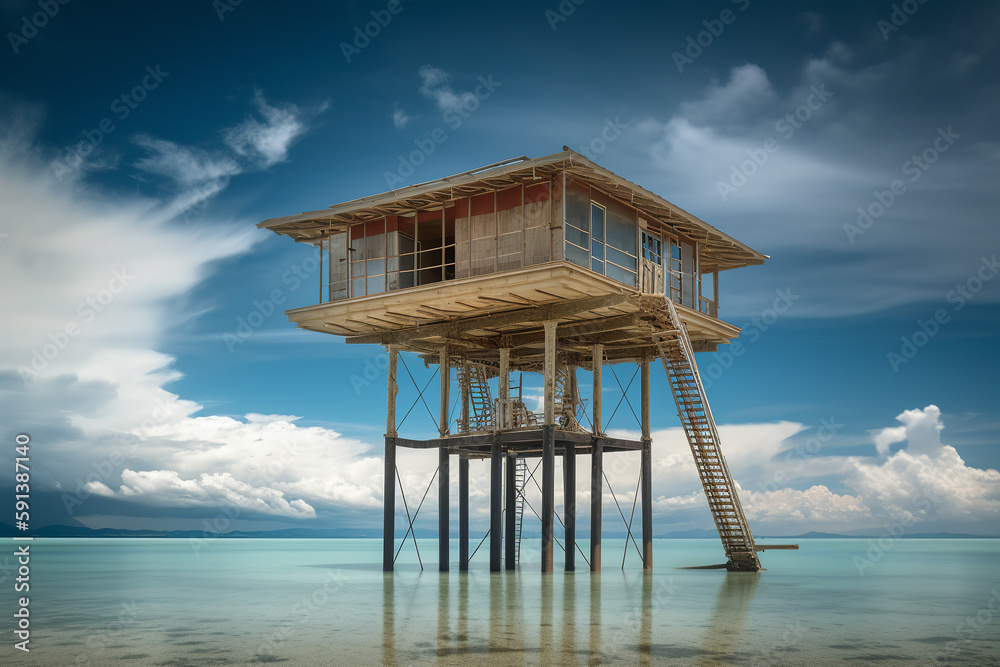 A community adapts to rising sea levels with floating architecture. Generative AI A community adapts to rising sea levels with floating architecture. Generative AI