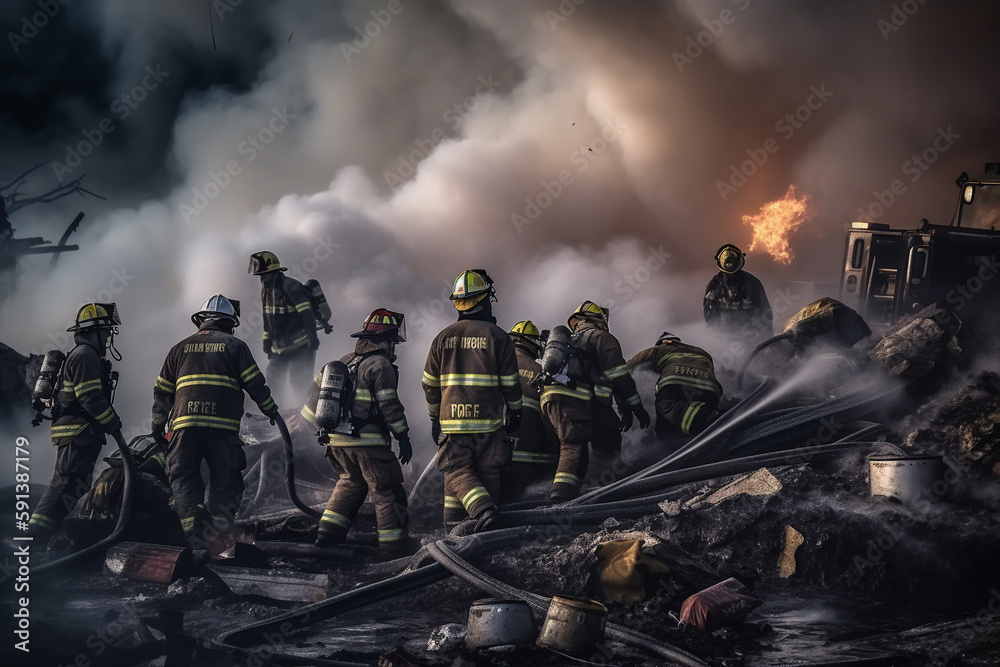 Firefighters in action, tackling flames and smoke with teamwork and courage. Generative AI