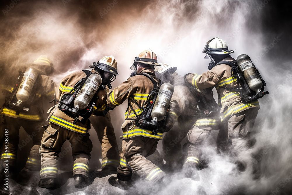 Firefighters in action, tackling flames and smoke with teamwork and courage. Generative AI