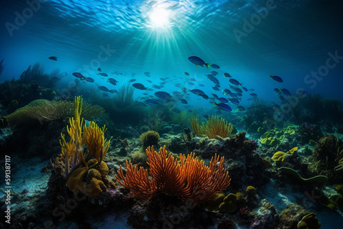 Enchanting underwater world in blue sunlight. Generative AI